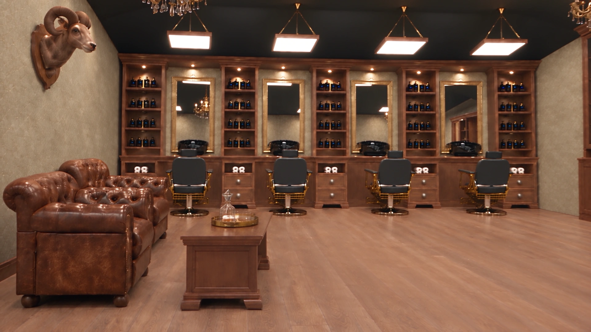 Návrh kamenné provozovny Royal Barber se čtyřmi křesly, čekárnou a recepcí